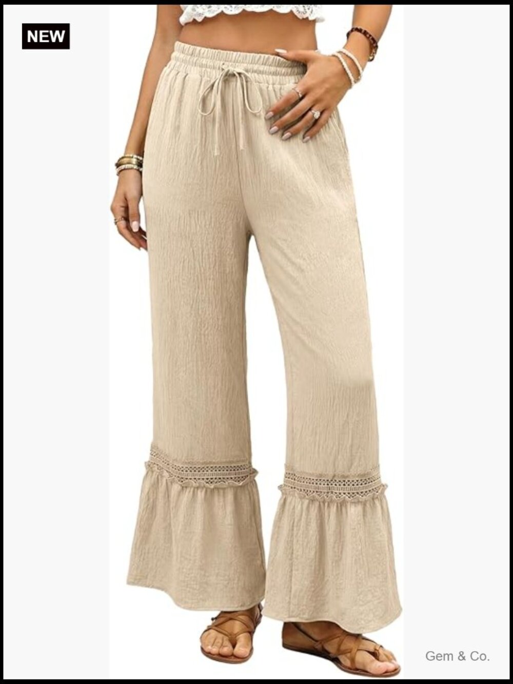 High Waisted Wide Leg Palazzo Pants with Pockets - Casual Lace Ruffle Hem